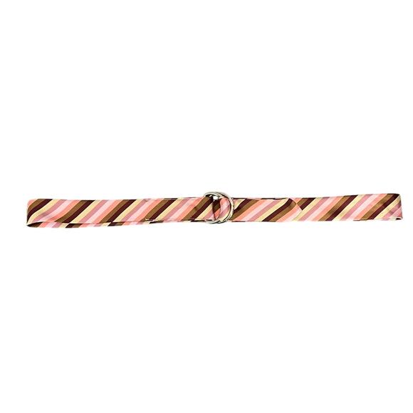 Perry Ellis Silk Pink Brown Striped Ribbon Double Ring Belt 36” - 40” - Picture 1 of 6